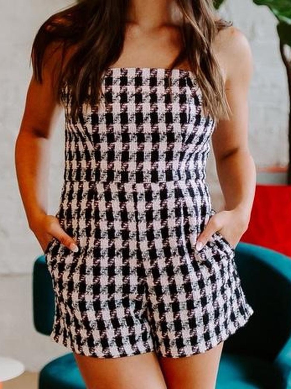 Anthropologie Black & White Strapless Gingham Romper